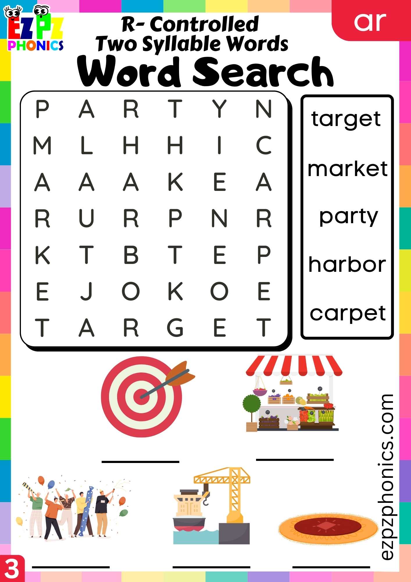 Word search activity for ar two syllable words R controlled vowels phonics group 3